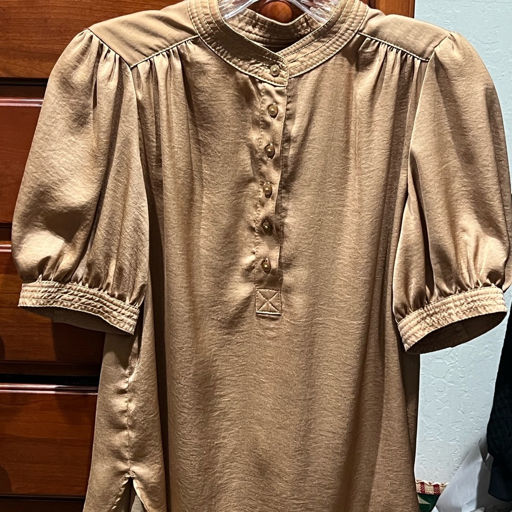 Banana Republic Tan Blouse with Mandarin Collar and Embellished Style